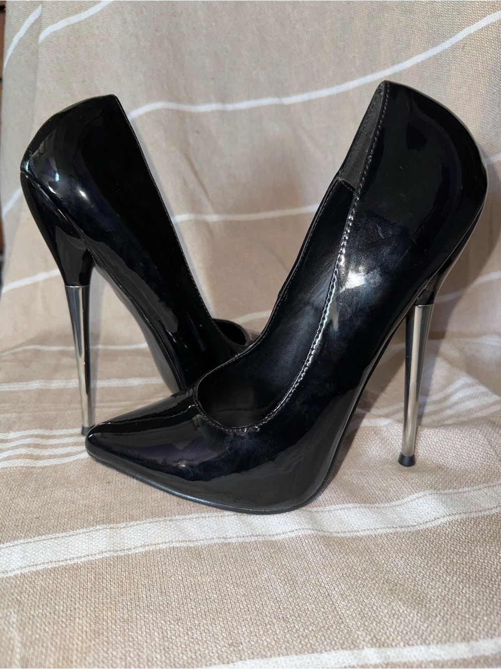 Black Patent Pointed-Toe Stiletto Heels with Silver Metal Heel